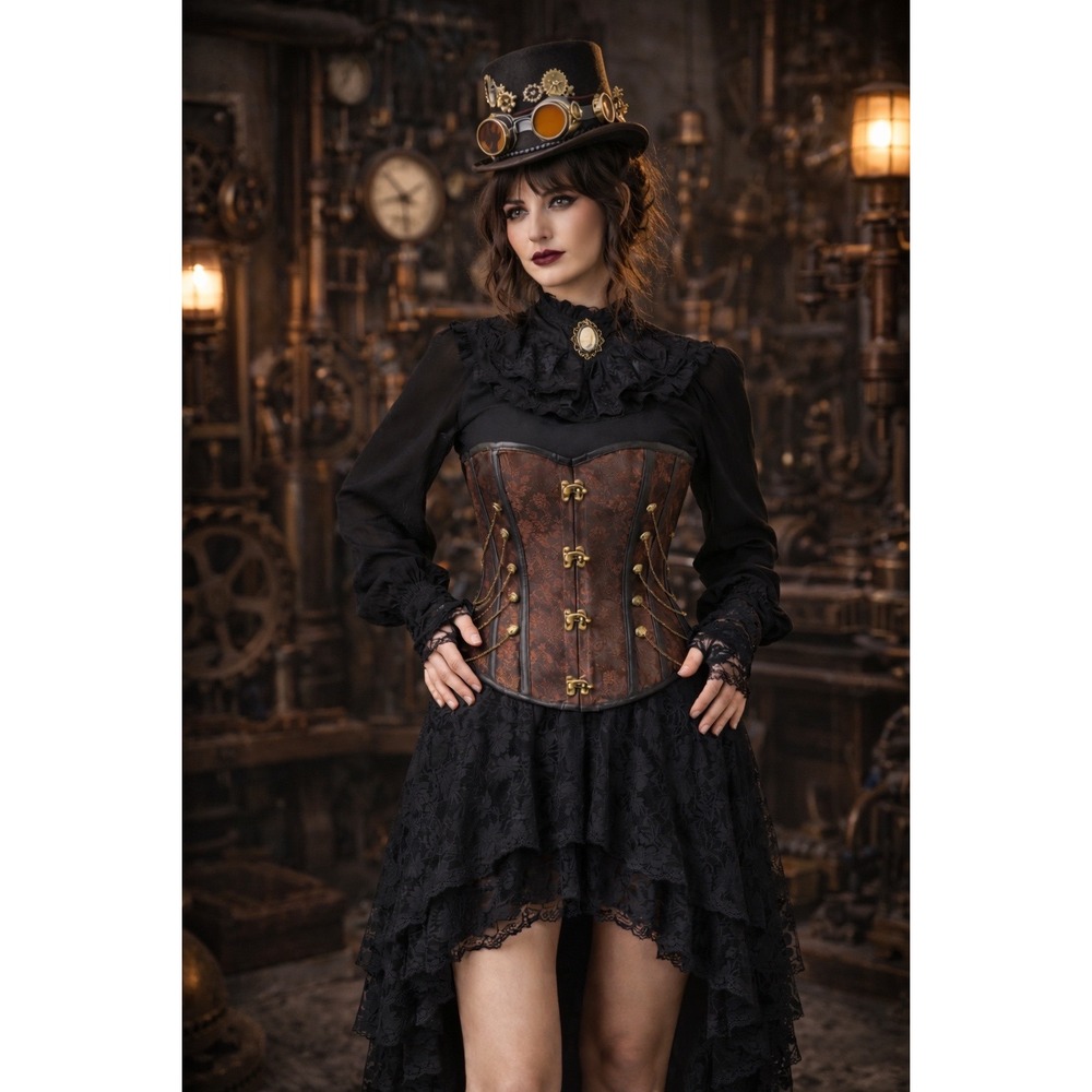 Steampunk Corset Women M Brown Excellent Floral Brocade Chain Detail